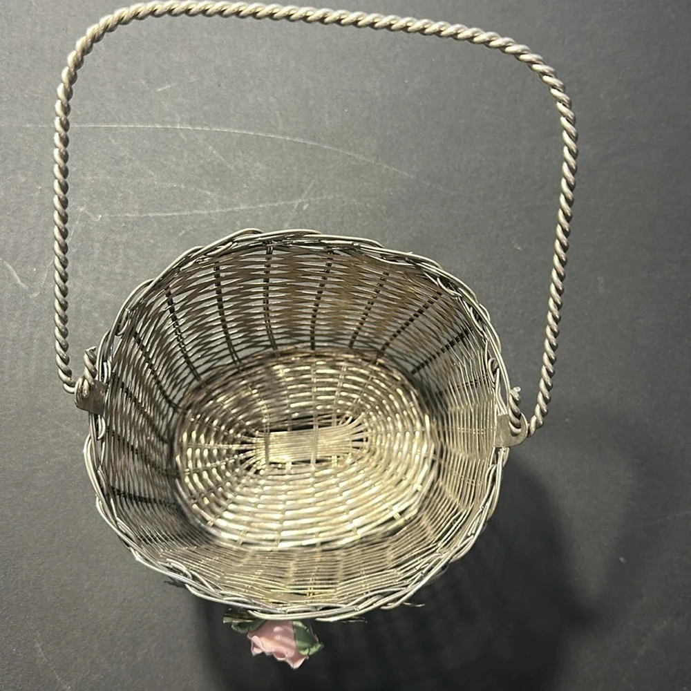 Vintage silver plated basket with pink rose